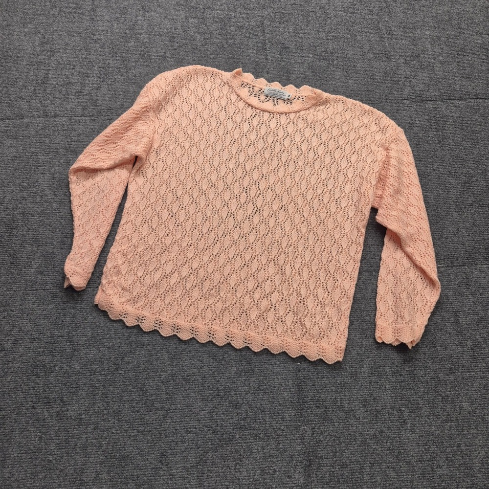 Vintage Cuddle Knit Peach Pink Pointelle Scalloped Edge Sweater Top USA Made M
